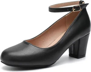 Women's Ankle Strap Heels Removable Bow Closed Toe Low Chunky Heels Pumps Mary Jane Dress Shoes