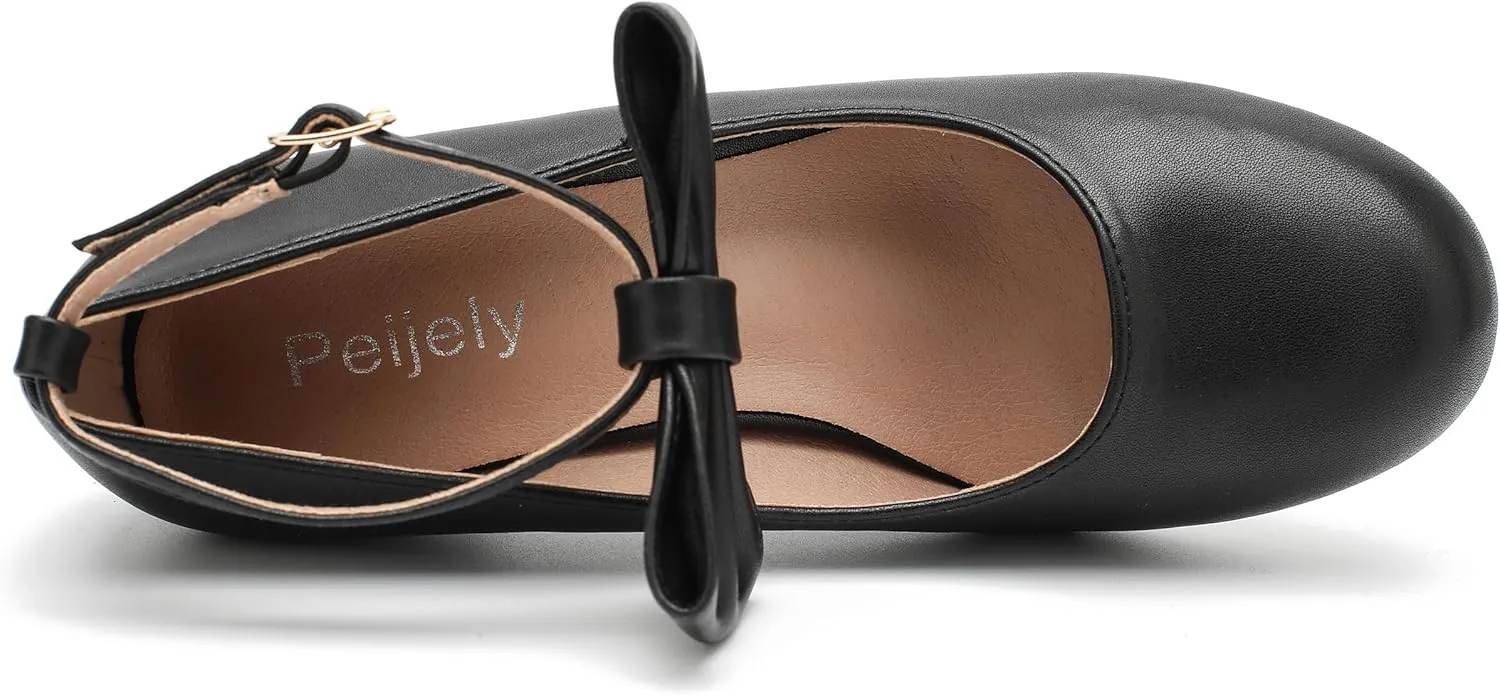 Women's Ankle Strap Heels Removable Bow Closed Toe Low Chunky Heels Pumps Mary Jane Dress Shoes