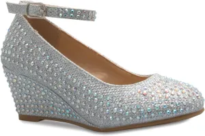 Women's Ankle Strap Kitten Heel – Adorable Low Block Heel,Silver Velvet,7 B(M) US