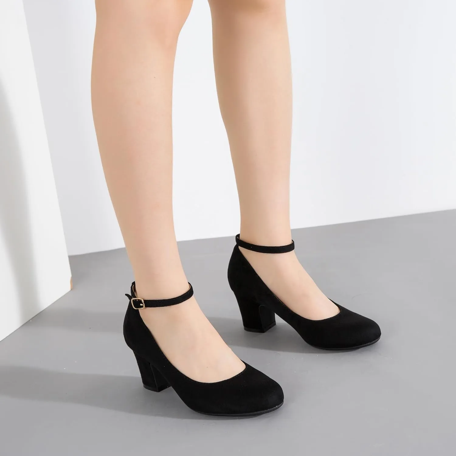 Women's Ankle Strap Low Block Chunky Heels Pumps Closed Round Toe Comfortable Dress Office Work Church Wedding Shoes