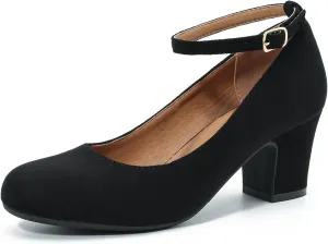 Women's Ankle Strap Low Block Chunky Heels Pumps Closed Round Toe Comfortable Dress Office Work Church Wedding Shoes