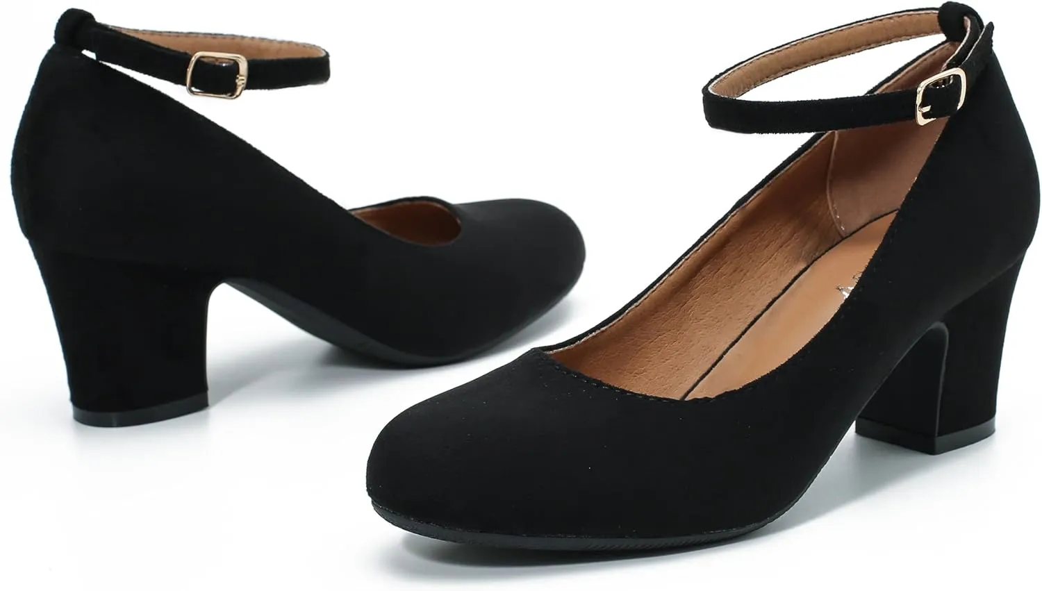 Women's Ankle Strap Low Block Chunky Heels Pumps Closed Round Toe Comfortable Dress Office Work Church Wedding Shoes