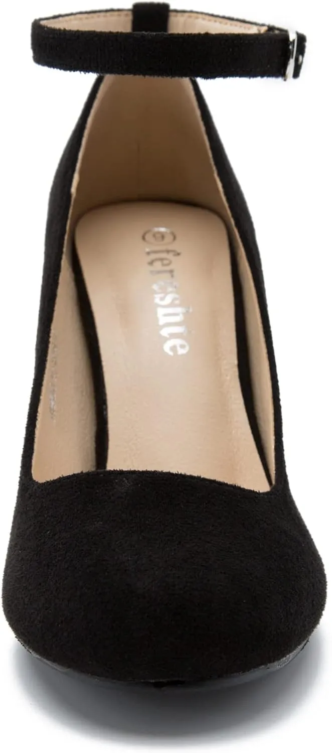 Women's Ankle Strap Pumps Closed Toe Block High Heel Round Toe Mary Jane Shoes
