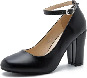 Women's Ankle Strap Pumps Closed Toe Block High Heel Round Toe Mary Jane Shoes