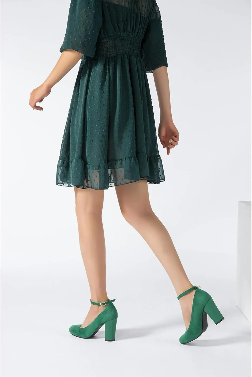 Women's Ankle Strap Pumps Closed Toe Block High Heel Round Toe Mary Jane Shoes