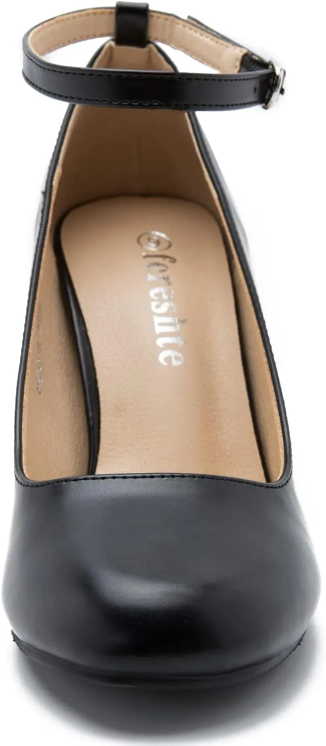 Women's Ankle Strap Pumps Closed Toe Block High Heel Round Toe Mary Jane Shoes
