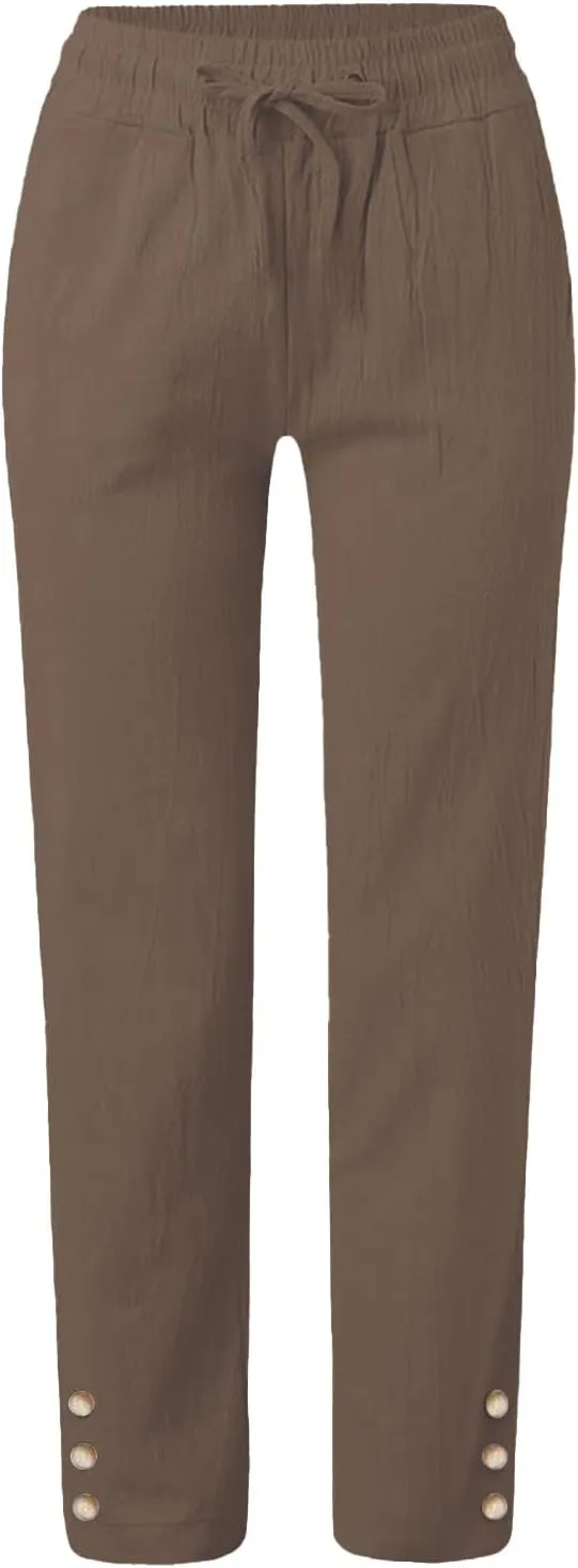 Womens Baggy Linen Pants Summer Boho Lightweight High Waist Palazzo Pants Loose Comfy Straight Leg Pants with Pockets