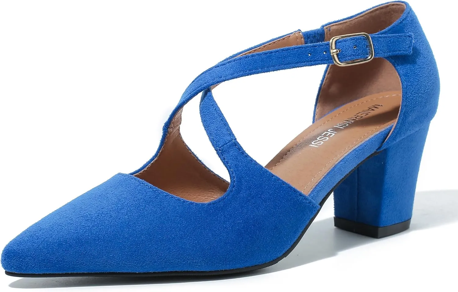 Women's Block Chunky Heel Pumps Cross Strap Closed Pinted Toe Low Heeled Dress Shoes