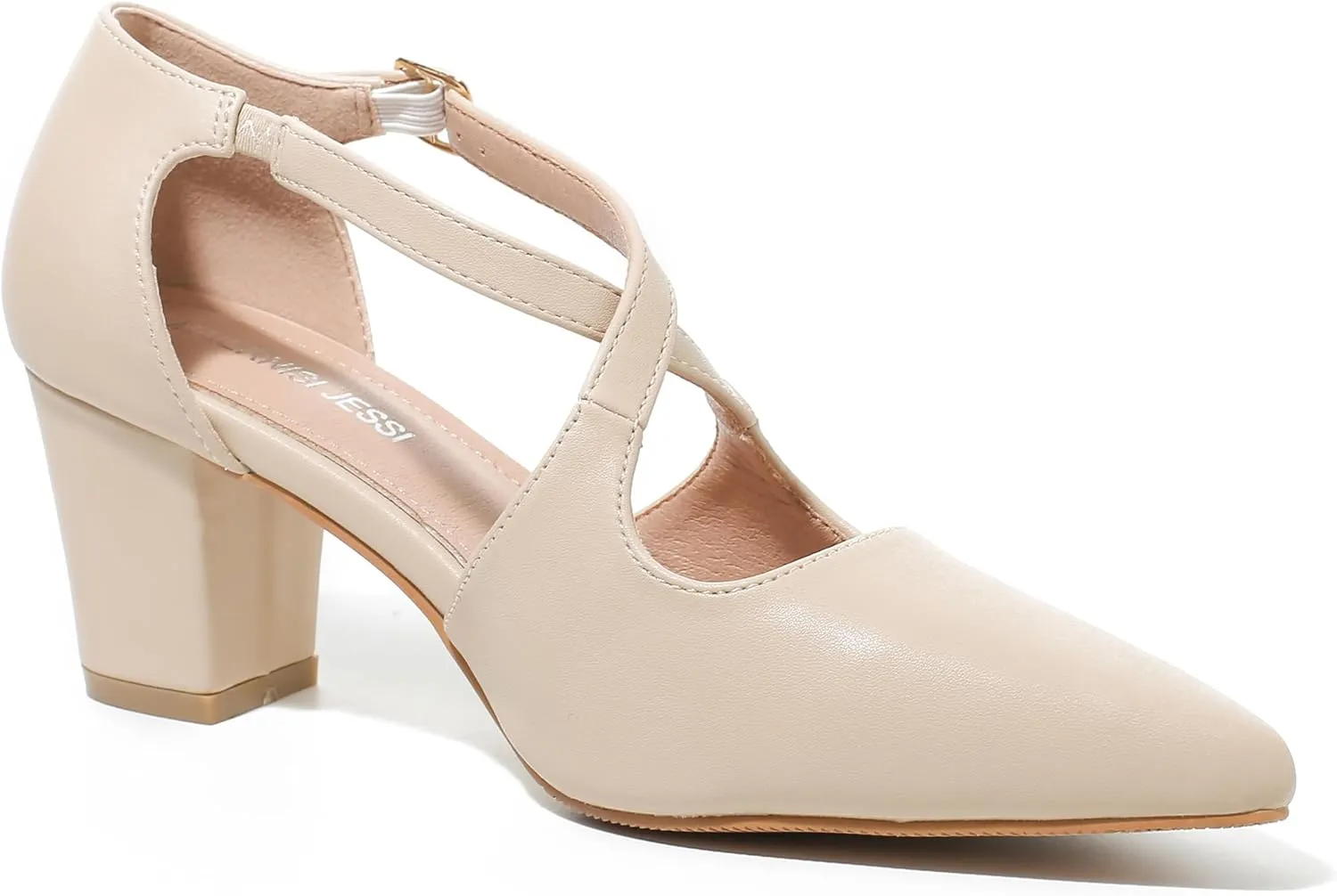 Women's Block Chunky Heel Pumps Cross Strap Closed Pinted Toe Low Heeled Dress Shoes