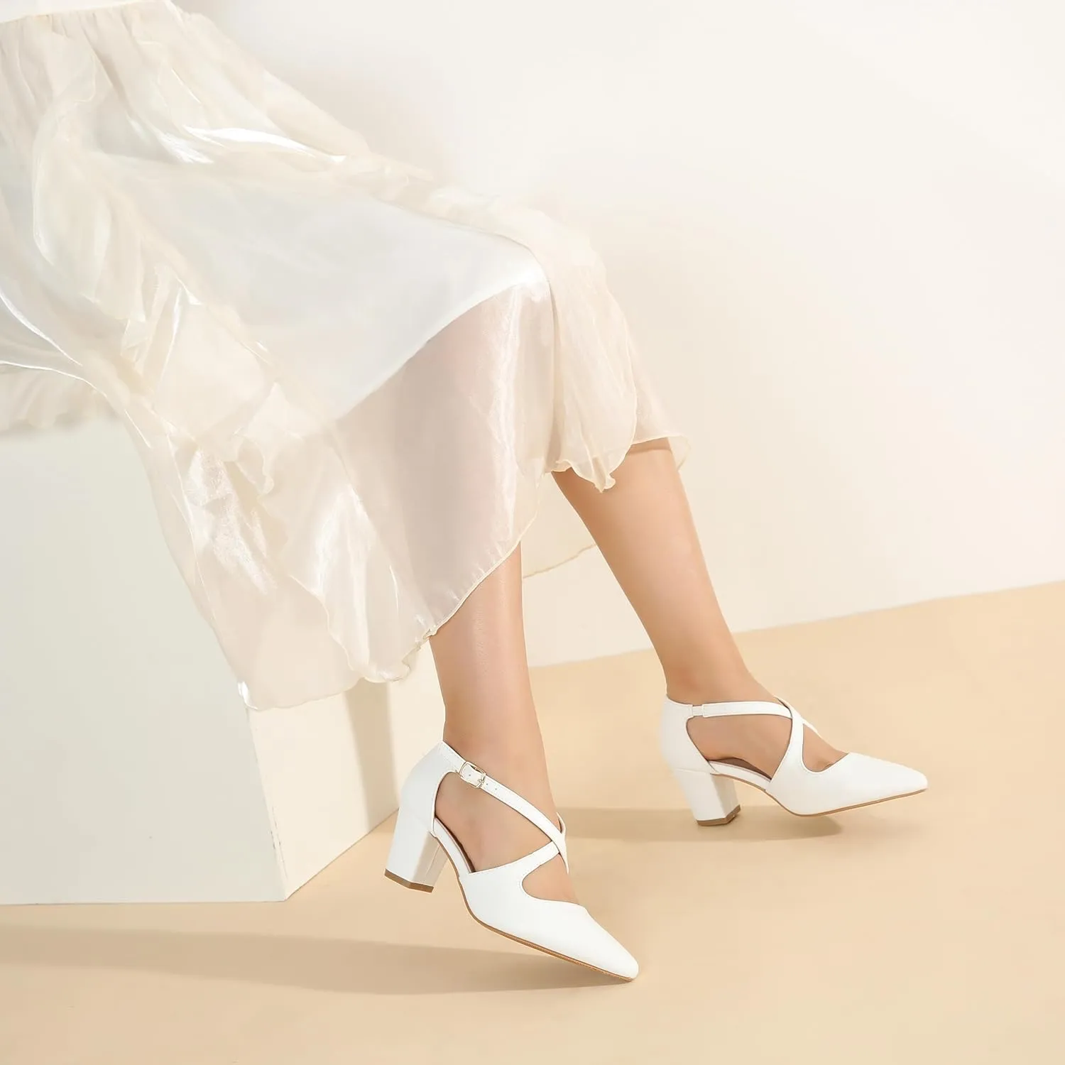 Women's Block Chunky Heel Pumps Cross Strap Closed Pinted Toe Low Heeled Dress Shoes