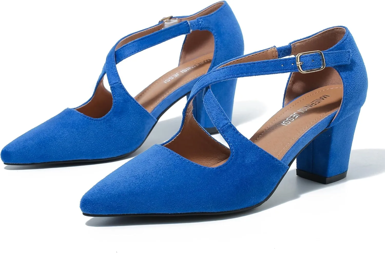 Women's Block Chunky Heel Pumps Cross Strap Closed Pinted Toe Low Heeled Dress Shoes