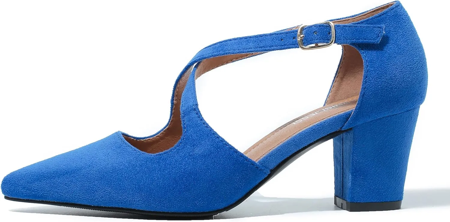 Women's Block Chunky Heel Pumps Cross Strap Closed Pinted Toe Low Heeled Dress Shoes