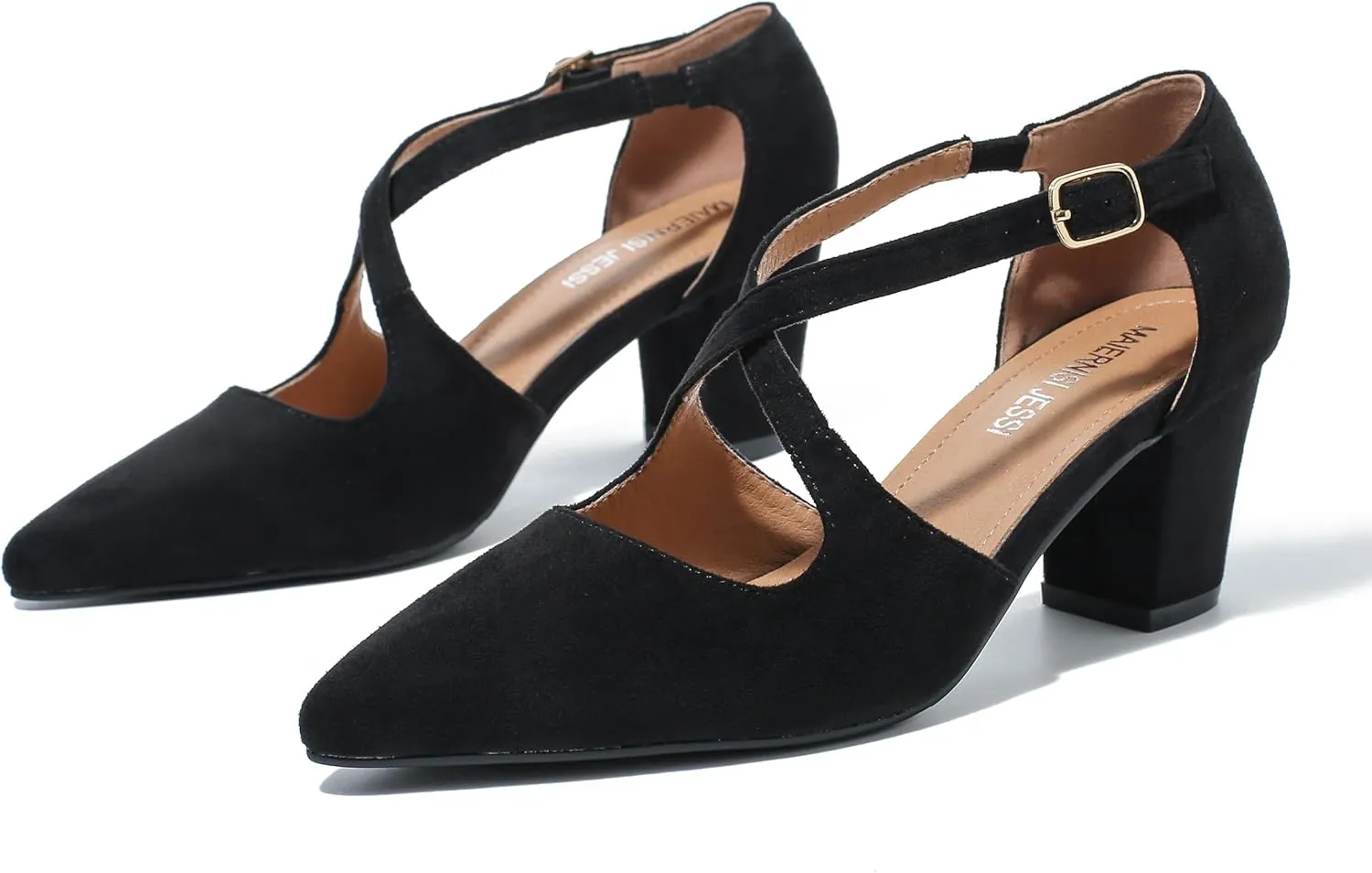 Women's Block Chunky Heel Pumps Cross Strap Closed Pinted Toe Low Heeled Dress Shoes