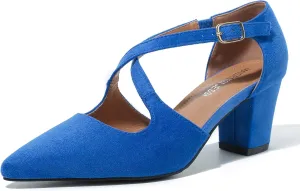 Women's Block Chunky Heel Pumps Cross Strap Closed Pinted Toe Low Heeled Dress Shoes