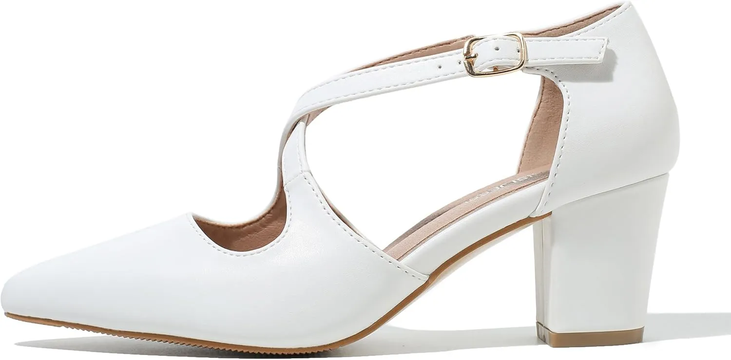 Women's Block Chunky Heel Pumps Cross Strap Closed Pinted Toe Low Heeled Dress Shoes