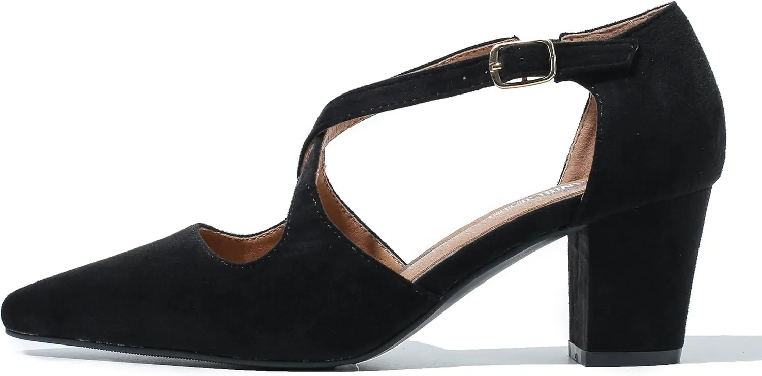 Women's Block Chunky Heel Pumps Cross Strap Closed Pinted Toe Low Heeled Dress Shoes