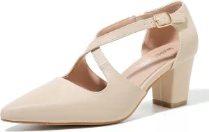 Women's Block Chunky Heel Pumps Cross Strap Closed Pinted Toe Low Heeled Dress Shoes
