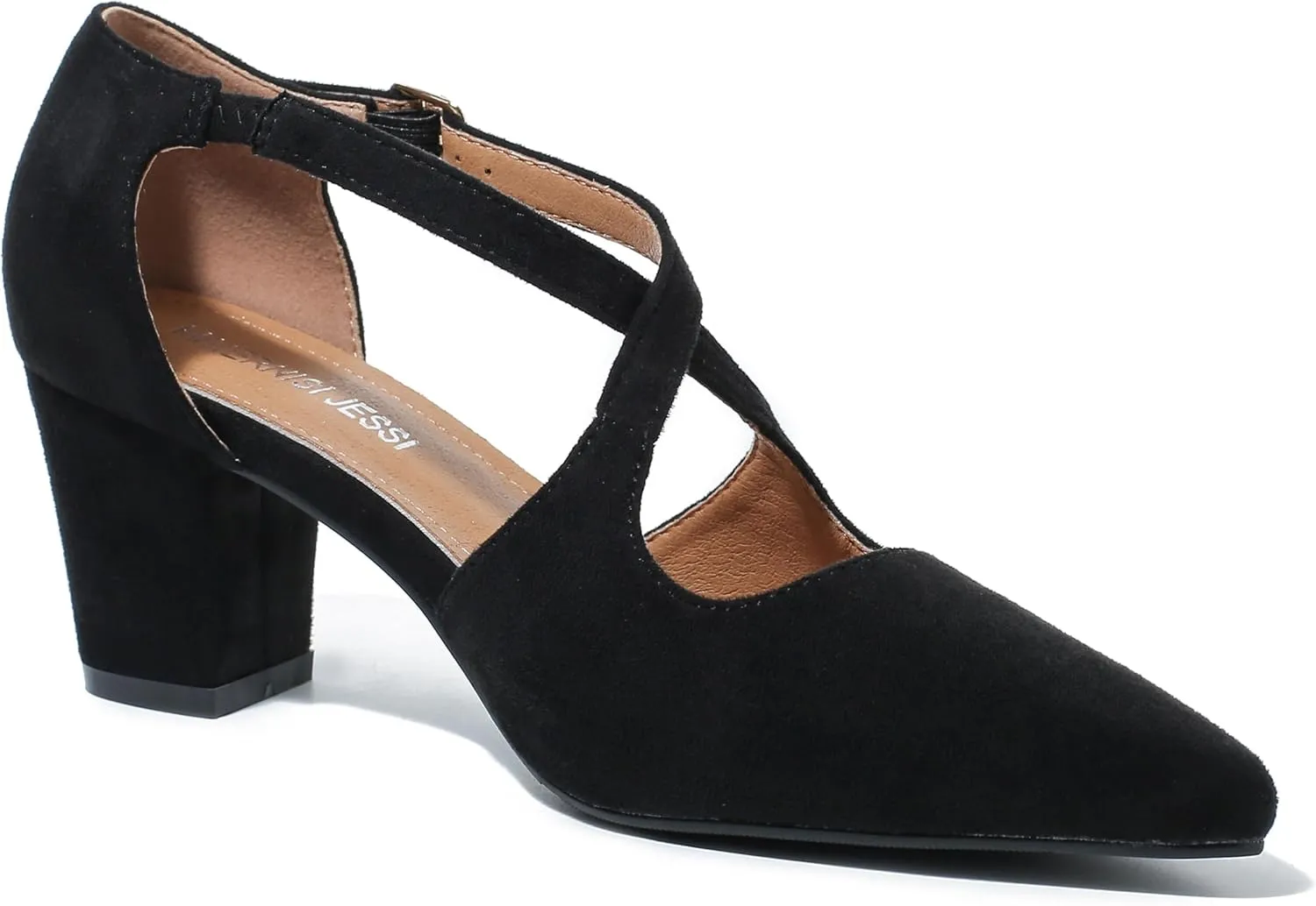 Women's Block Chunky Heel Pumps Cross Strap Closed Pinted Toe Low Heeled Dress Shoes