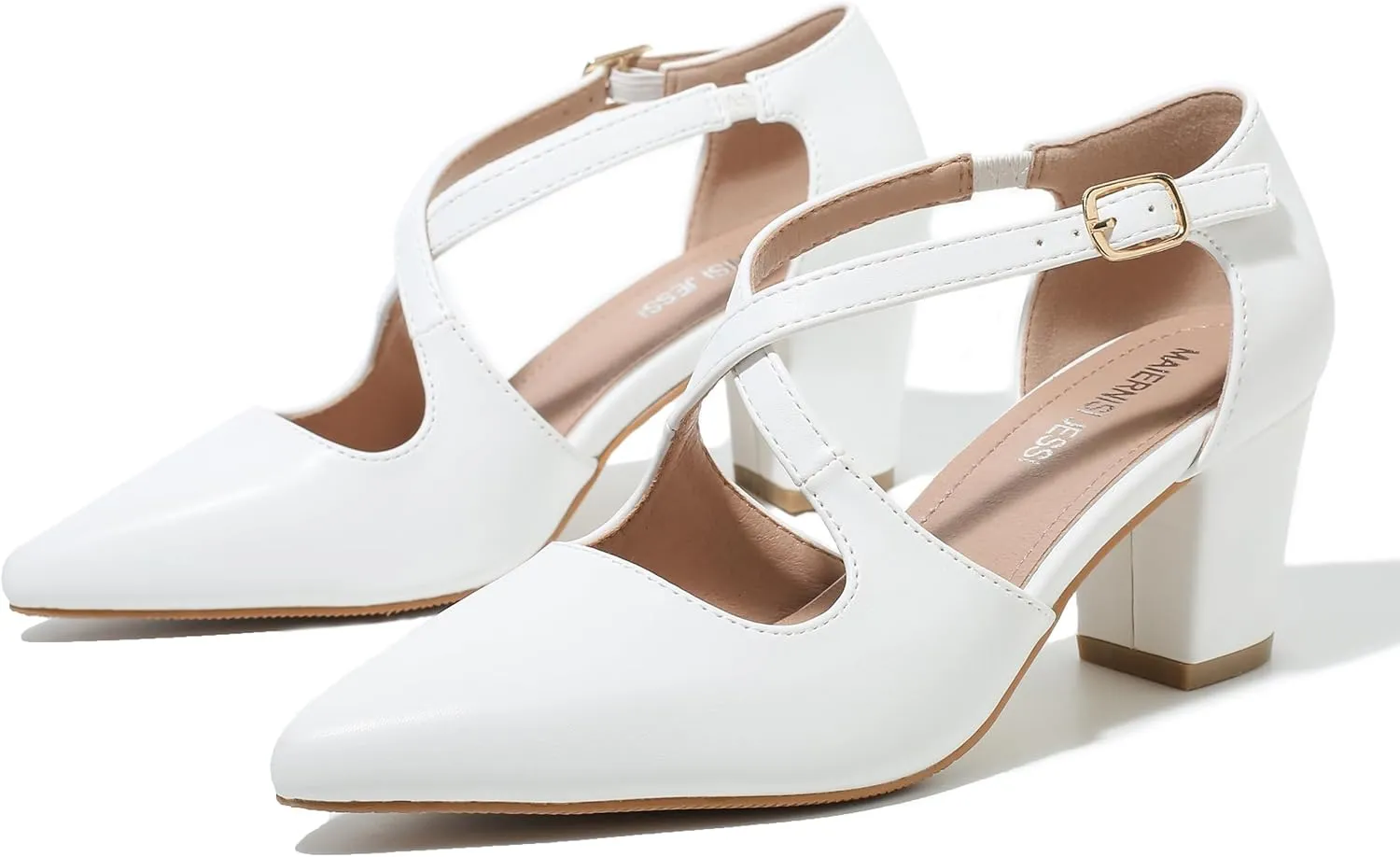 Women's Block Chunky Heel Pumps Cross Strap Closed Pinted Toe Low Heeled Dress Shoes
