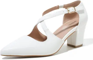 Women's Block Chunky Heel Pumps Cross Strap Closed Pinted Toe Low Heeled Dress Shoes