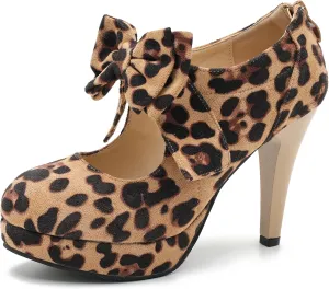 Women's Bow Heels Mary Jane High Heel Closed Toe Platform Vintage Dress Pumps