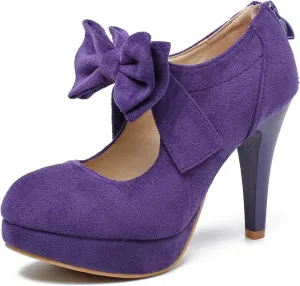 Women's Bow Heels Mary Jane High Heel Closed Toe Platform Vintage Dress Pumps