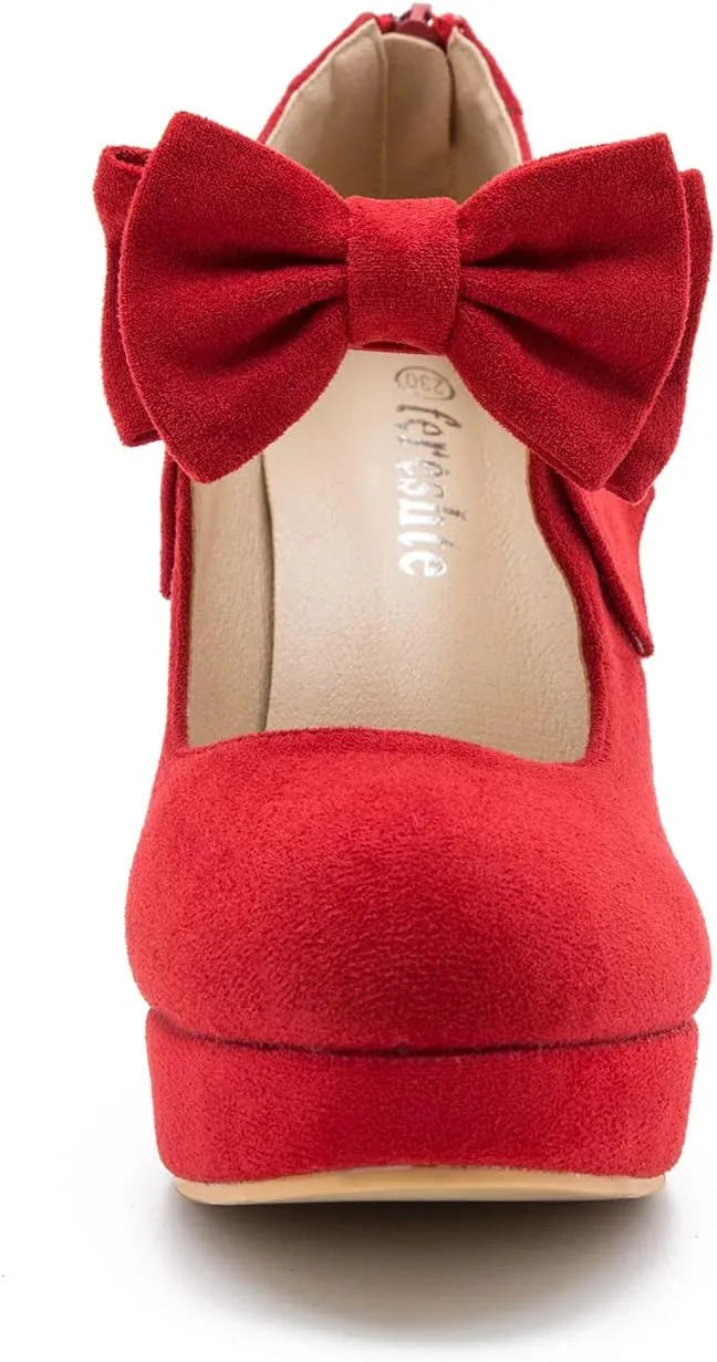 Women's Bow Heels Mary Jane High Heel Closed Toe Platform Vintage Dress Pumps
