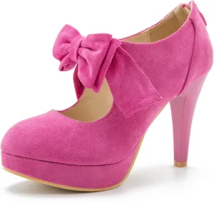 Women's Bow Heels Mary Jane High Heel Closed Toe Platform Vintage Dress Pumps