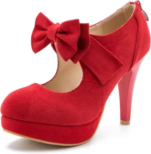 Women's Bow Heels Mary Jane High Heel Closed Toe Platform Vintage Dress Pumps