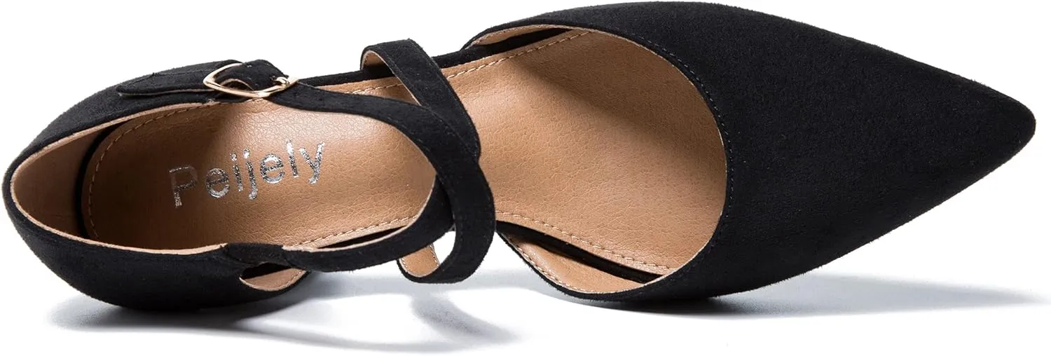 Women's Chunky Heel Pumps Cross Strap Closed Pointed Toe Dress Shoes