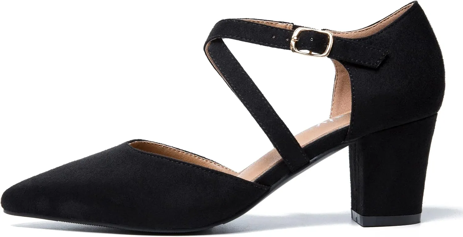 Women's Chunky Heel Pumps Cross Strap Closed Pointed Toe Dress Shoes