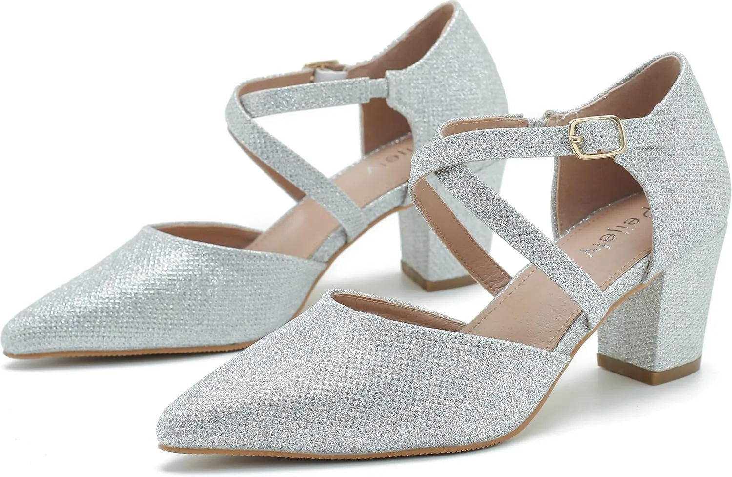 Women's Chunky Heel Pumps Cross Strap Closed Pointed Toe Dress Shoes