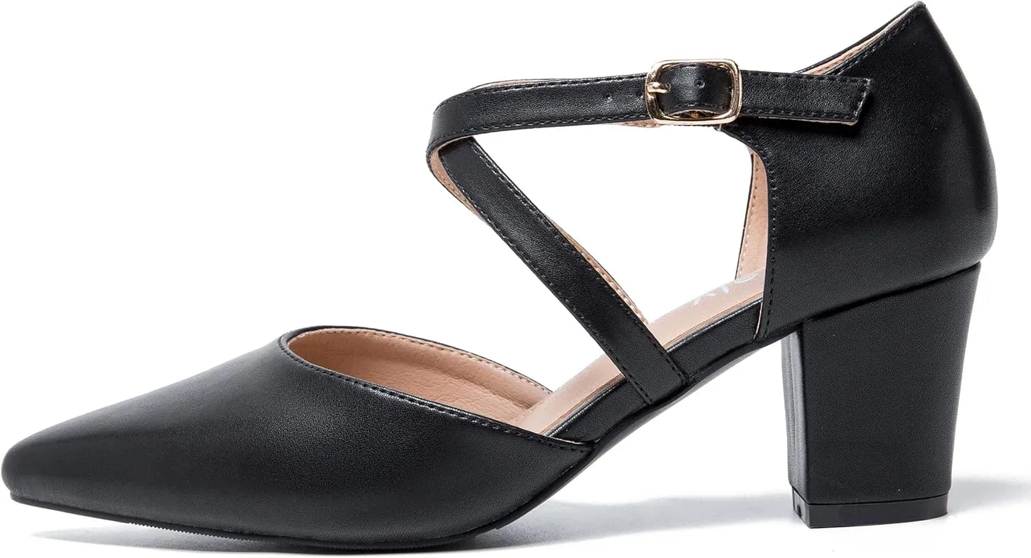 Women's Chunky Heel Pumps Cross Strap Closed Pointed Toe Dress Shoes