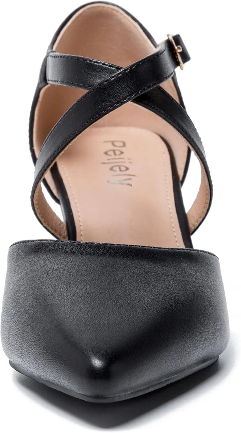 Women's Chunky Heel Pumps Cross Strap Closed Pointed Toe Dress Shoes