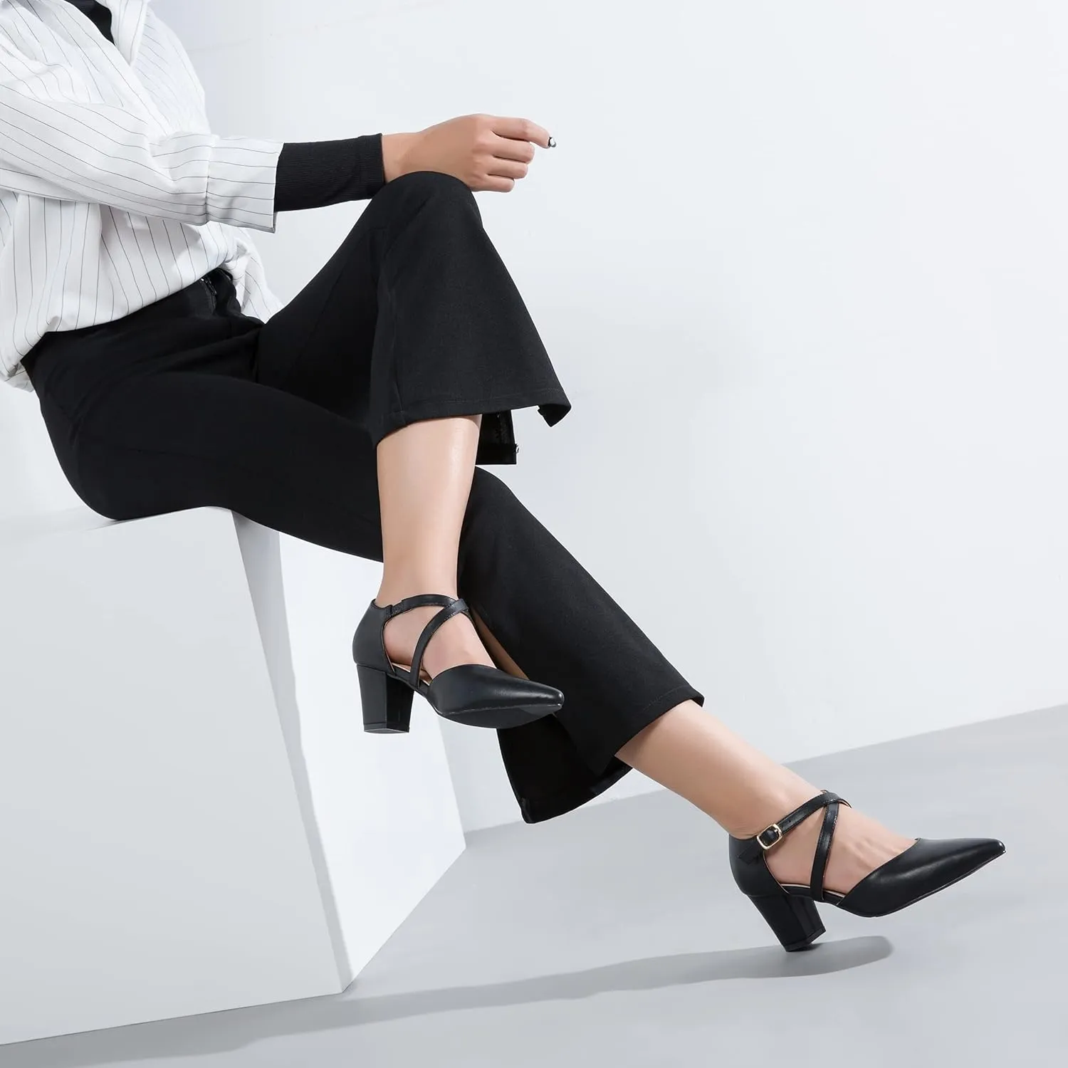 Women's Chunky Heel Pumps Cross Strap Closed Pointed Toe Dress Shoes