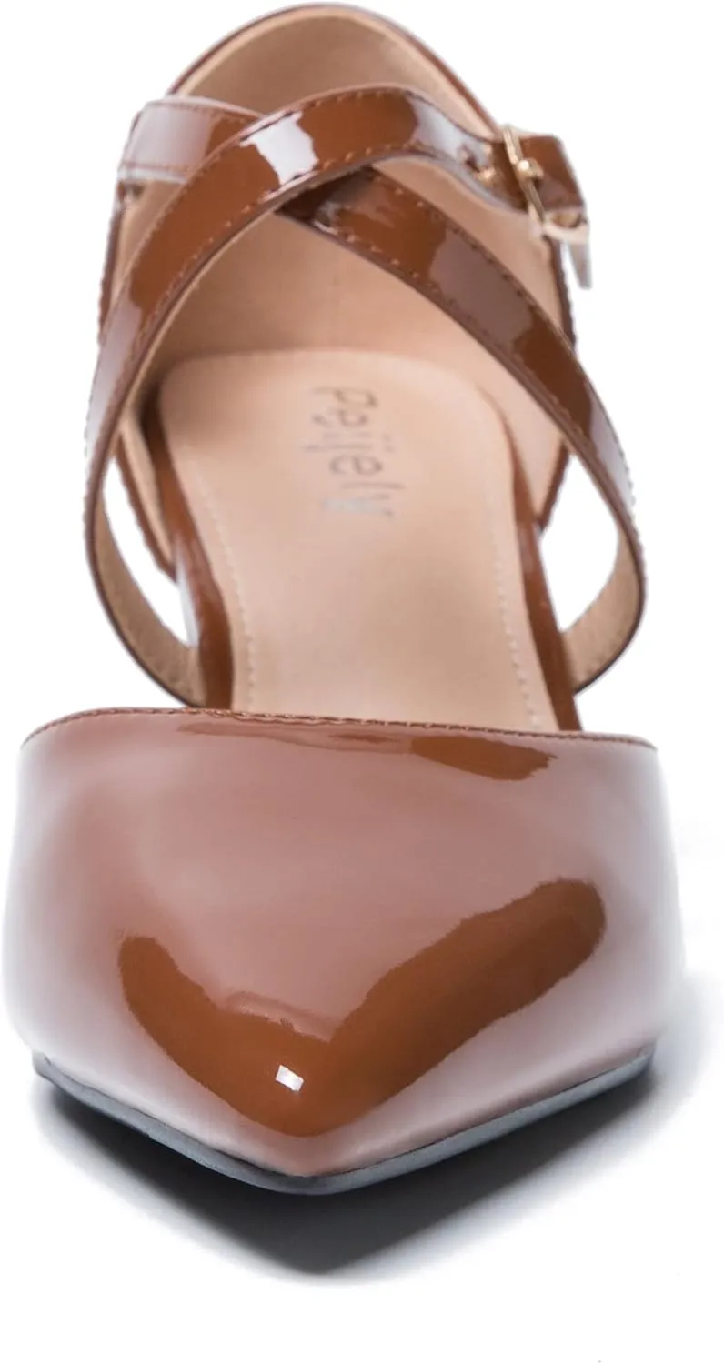Women's Chunky Heel Pumps Cross Strap Closed Pointed Toe Dress Shoes