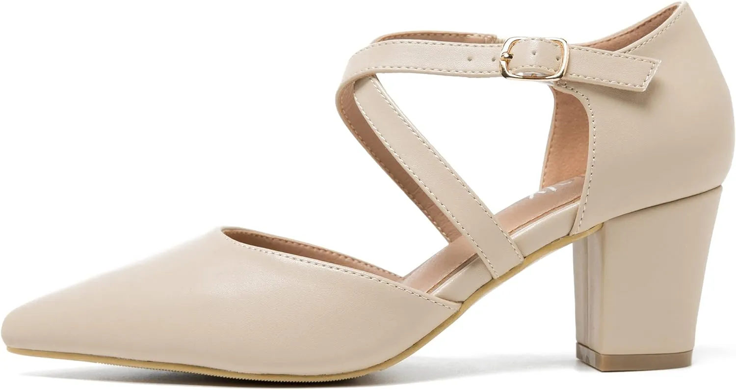 Women's Chunky Heel Pumps Cross Strap Closed Pointed Toe Dress Shoes