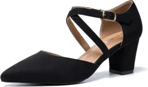 Women's Chunky Heel Pumps Cross Strap Closed Pointed Toe Dress Shoes
