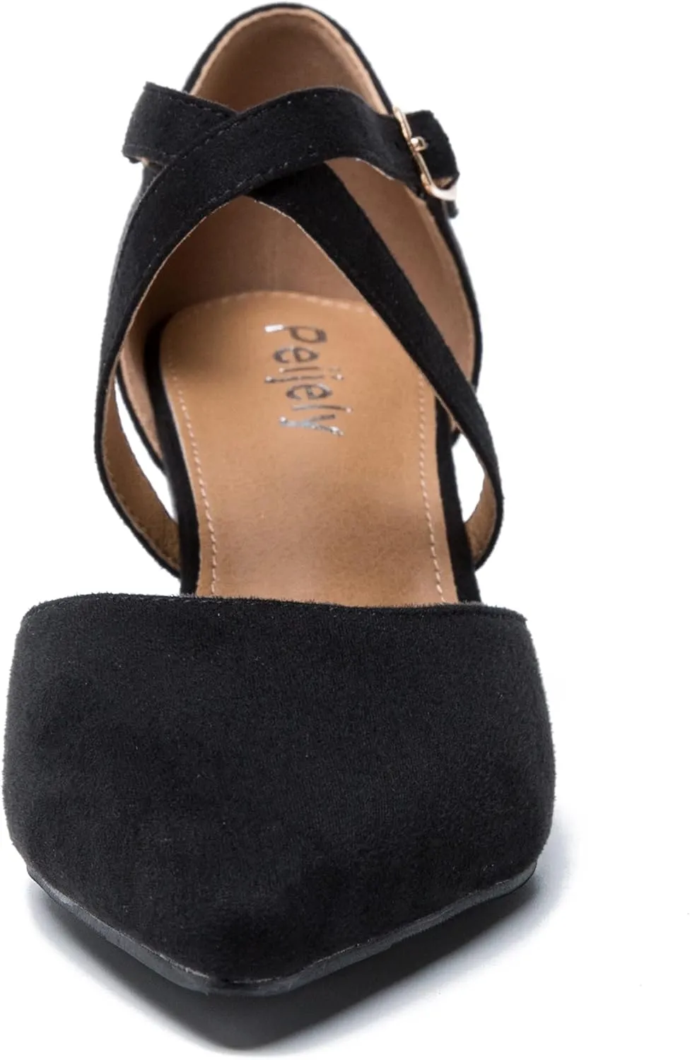Women's Chunky Heel Pumps Cross Strap Closed Pointed Toe Dress Shoes