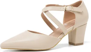Women's Chunky Heel Pumps Cross Strap Closed Pointed Toe Dress Shoes