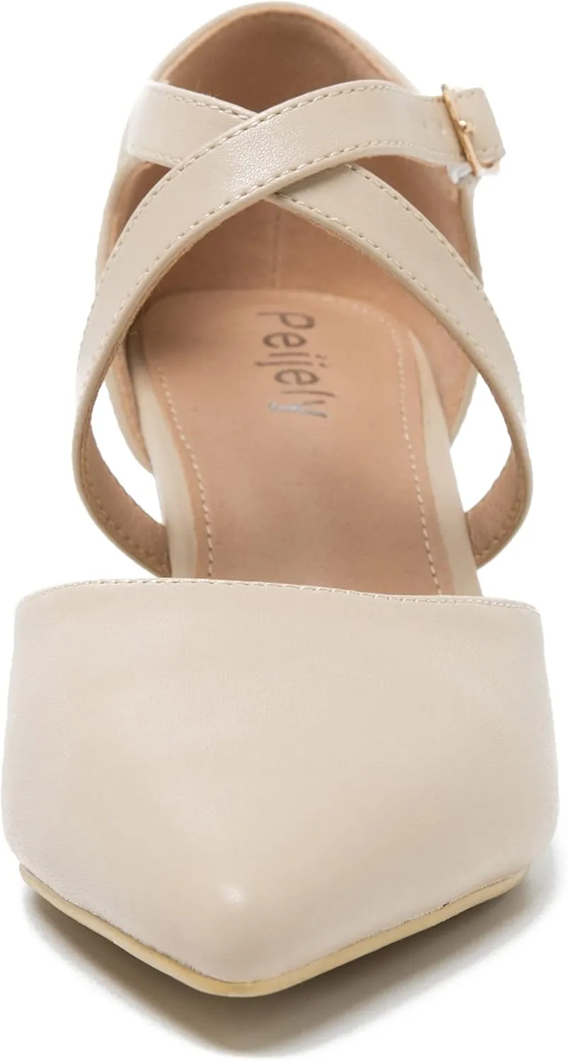 Women's Chunky Heel Pumps Cross Strap Closed Pointed Toe Dress Shoes