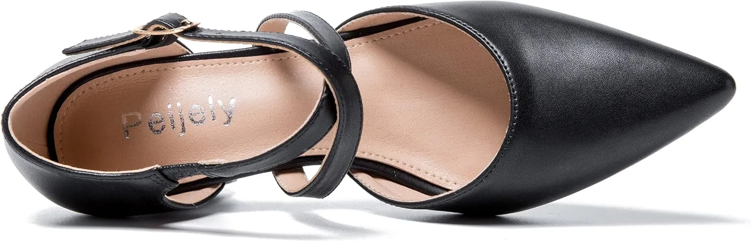 Women's Chunky Heel Pumps Cross Strap Closed Pointed Toe Dress Shoes