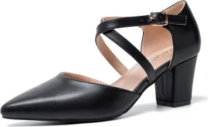 Women's Chunky Heel Pumps Cross Strap Closed Pointed Toe Dress Shoes