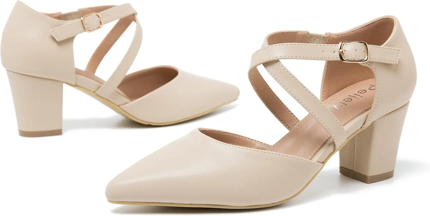 Women's Chunky Heel Pumps Cross Strap Closed Pointed Toe Dress Shoes