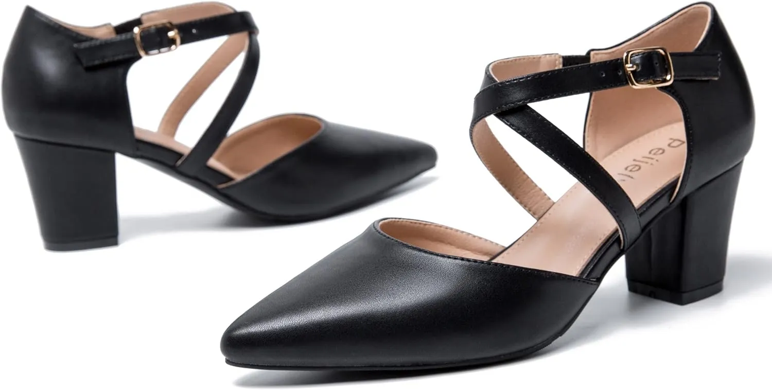 Women's Chunky Heel Pumps Cross Strap Closed Pointed Toe Dress Shoes