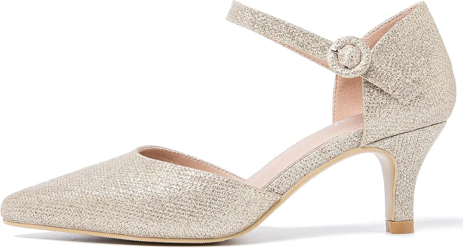 Women's Closed Pointed Toe Heels Ankle Strap D'Orsay Kitten Heel Dressy Pumps