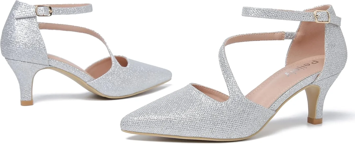 Women's Closed Pointed Toe Heels Ankle Strap D'Orsay Kitten Heel Dressy Pumps