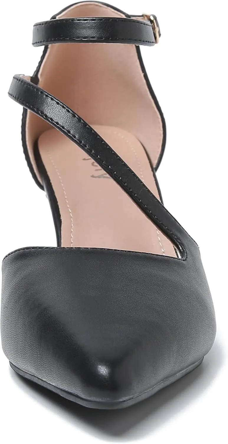 Women's Closed Pointed Toe Heels Ankle Strap D'Orsay Kitten Heel Dressy Pumps
