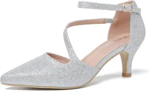 Women's Closed Pointed Toe Heels Ankle Strap D'Orsay Kitten Heel Dressy Pumps