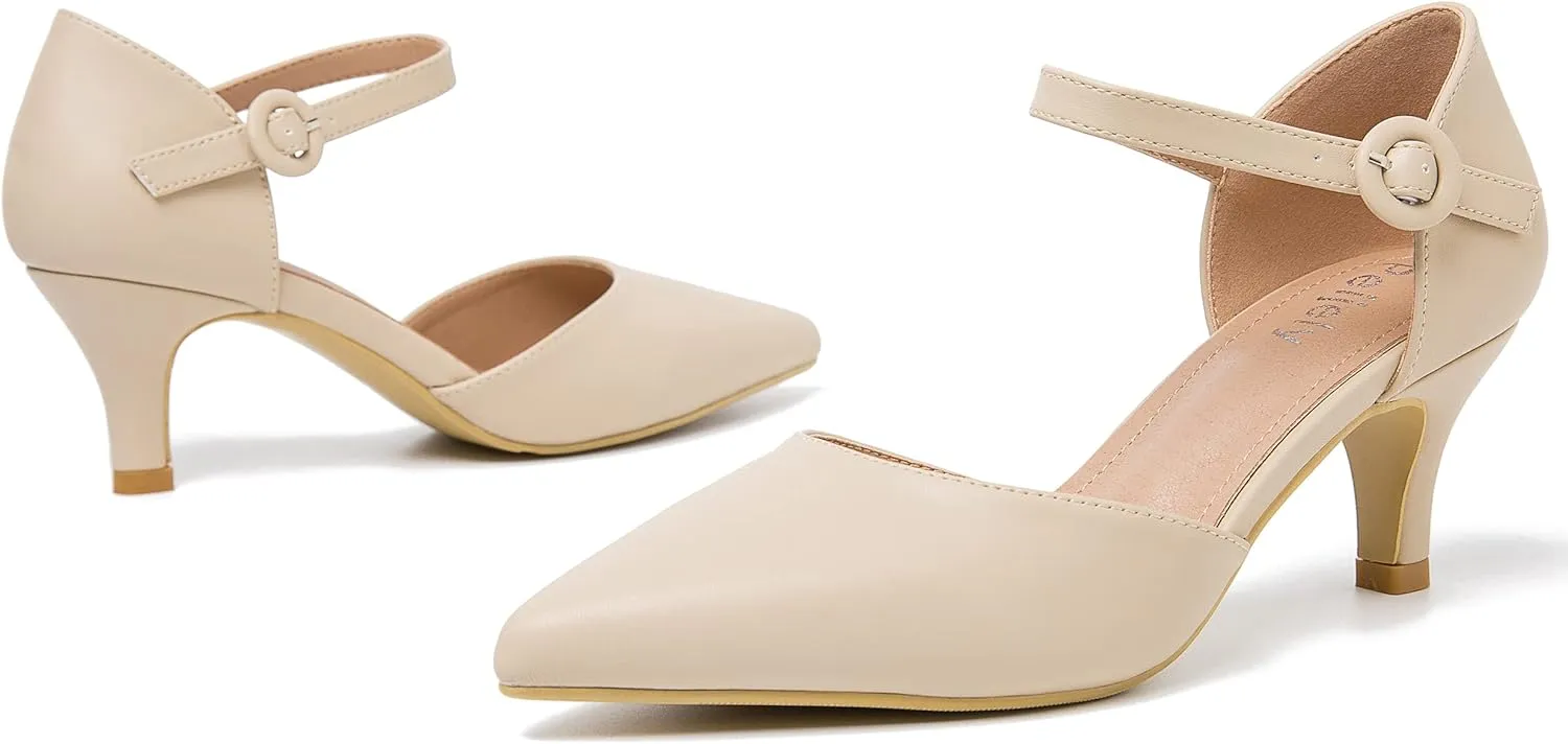 Women's Closed Pointed Toe Heels Ankle Strap D'Orsay Kitten Heel Dressy Pumps